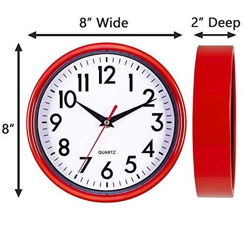 Bernhard Products Red Wall Clock 8" Retro Kitchen Silent Non-Ticking Quality Quartz Battery Operated Round Clock for Office Classroom Bedroom Bathroom Easy to Read - color: Candy Apple Red