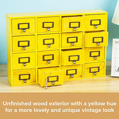 Yellow 16-Slot Wooden Drawer Unit - Country Style Desk Organizer - 20"x3.6”x14” Wooden Storage Box w/ 16 Drawers - Countertop Drawers w/Label Holder & Handle - Slim 4-Level Desk Organizer - color: 16 Drawer Golden Yellow
