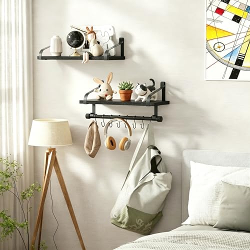Love-KANKEI 17.3"Floating Wall Shelves Set of 2,Solid Wood,Coffee Bar,Black | Spice Rack,Towel Bar/8 Hooks,39 Lbs/shelf,Easy to Install,For Kitchen,Bathroom,Living Room,Bedroom,Office,Entryway Display - color: Black