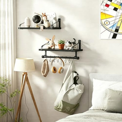 Love-KANKEI 17.3"Floating Wall Shelves Set of 2,Solid Wood,Coffee Bar,Black | Spice Rack,Towel Bar/8 Hooks,39 Lbs/shelf,Easy to Install,For Kitchen,Bathroom,Living Room,Bedroom,Office,Entryway Display - color: Black