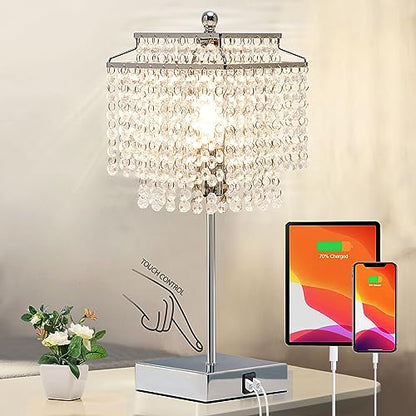 Touch Crystal Table Lamp Silver, Bedside Lamp with USB C+A Ports, Dimmable Nightstand Lamp with Crystal Shade, Bedroom Lamp for Girls Bedroom, Living Room, Bulb Included - color: Silver