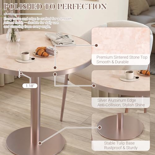 31.5'' Tulip Table, Round Dining Table with Glossy Sintered Stone Tabletop | Rose Gold Aluminum Alloy Edge & Pedestal, Small Bistro Table for Dining Room/Café/Small Spaces/Restaurant (Blush Onyx) - color: Blush Onyx (Rose Gold), size: Round