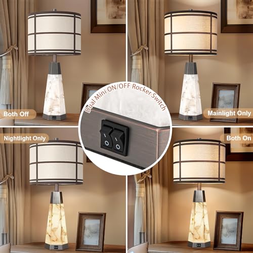 KIVDITZO 27" Alabaster Bedside Table Lamps Set of 2 with Night Light | Bedroom Lamps with Night Light, Living Room Lamps with USB A+C Ports, Table Lamp with Linen Shade for Bedside, Bulbs Included - color: Bronze