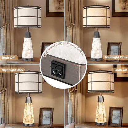KIVDITZO 27" Alabaster Bedside Table Lamps Set of 2 with Night Light | Bedroom Lamps with Night Light, Living Room Lamps with USB A+C Ports, Table Lamp with Linen Shade for Bedside, Bulbs Included - color: Bronze