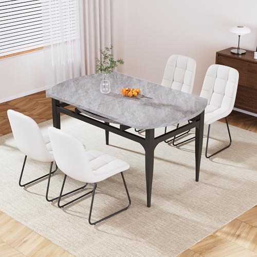 HIPIHOM 55‑Inch Extendable Dining Table Set with 6 Upholstered Chairs and Metal Frame for Dining Room - color: Grey/White