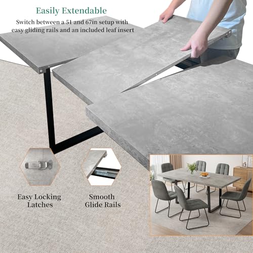 Mid-Century Extendable Dining Table Set, 51"-67", 6 Upholstered Chairs - color: Grey Table, size: 51"-67"