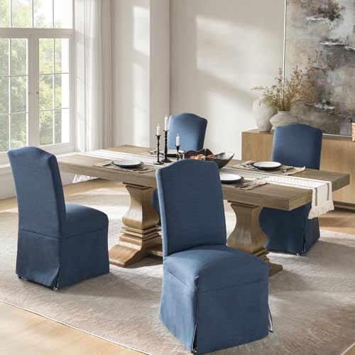 HULALA HOME Upholstered Dining Chairs Set of 4, High Back Dining Chairs with Removable Slipcover, Solid Wood Legs with Casters, Transitional Accent Chairs for Dining Room Living Room, Slate Blue - color: Slate Blue, size: Set of 4