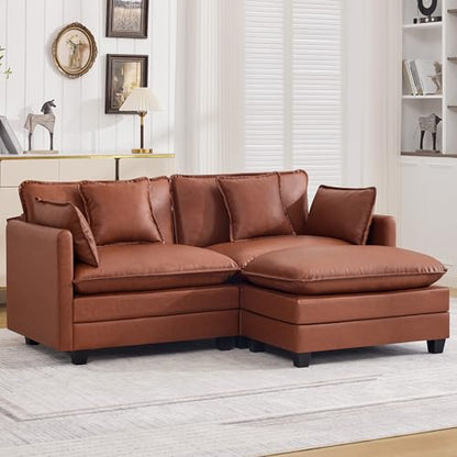 76'' Cloud Deep Seat Loveseat Sofa, Upholstered Leather Modular 2-Seats Sectional Sofa Couch with Movable Ottoman, Modern Comfy Settee Loveseat for Living Room Set, Small Apartment,Leather Brown - color: Pu-dark Brown, size: 76'' L Shape