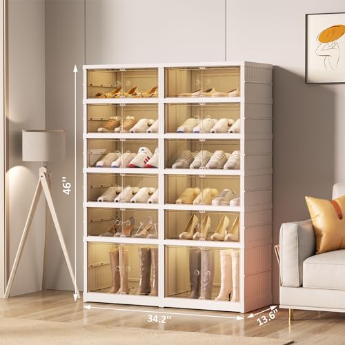 SYNCVIBE Shoe Rack Organizer for Closet, 6 Tiers, 24 Pairs, 34.2" Wide | Foldable Shoe Storage, Collapsible Shoe Cabinet with Doors, Stackable Plastic Shoe Shelves for Entryway and Living Room - size: 6 Tiers -24 Pairs White