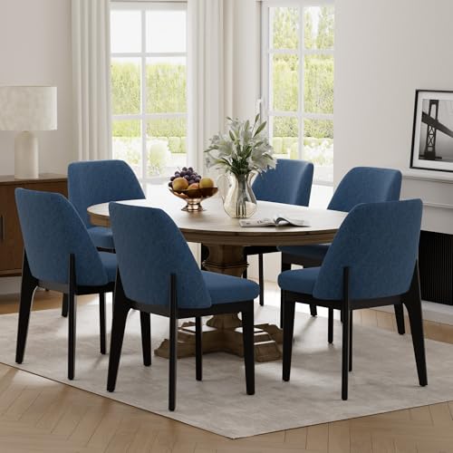 VKNOW Upholstered Wood Dining Chairs Set of 6 with Modern Fabric, Blue | Modern Dining Room Chairs with Wood Legs and Padded Seats, Kitchen Chairs for Restaurant, Living Room, No Wobble - color: Blue-black Leg, size: 6 PCS