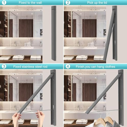 Foldable Wall Mount Drying Rack, 65lb, Space Saving Gray | Aluminum alloy rust-proof, retractable wall mount, indoor outdoor, laundry room space saver, 0.4in thin folded - color: Gray