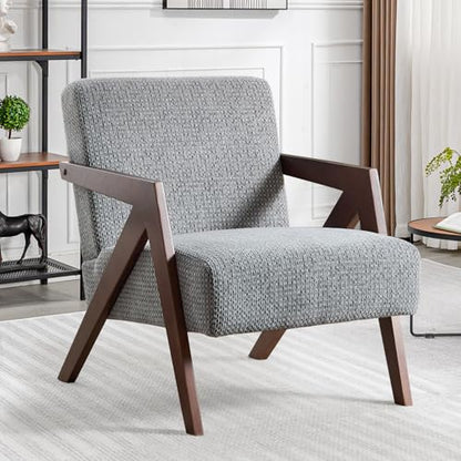 Bonzy Home Mid-Century Modern Accent Chair with Solid Wood Frame, Upholstered Armchair for Bedroom & Living Room,Reading Side Chair with Soft Lien Fabric Cushion,Easy Assembly - color: Light Gray, size: 1PCS