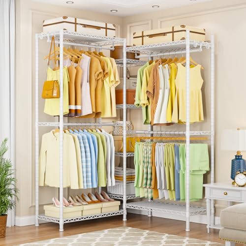 E4 Clothes Rack, Heavy-Duty Garment Rack, Metal Freestanding Clothing Organization Storage System Can Be L-shaped with Shelves and Hangers, Max Load 962lbs, 71.6" W x 14.5" D x 79.3" H, White | Metal Freestanding Clothing Organization Storage System with