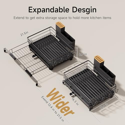 Runnatal Dish Drying Rack - Expandable Large Dish Rack Over Sink | Drying Dish Drainer for Kitchen Counter, Stainless Steel Dish Strainer with Utensil Holder & Cup Holder, Black - color: Black