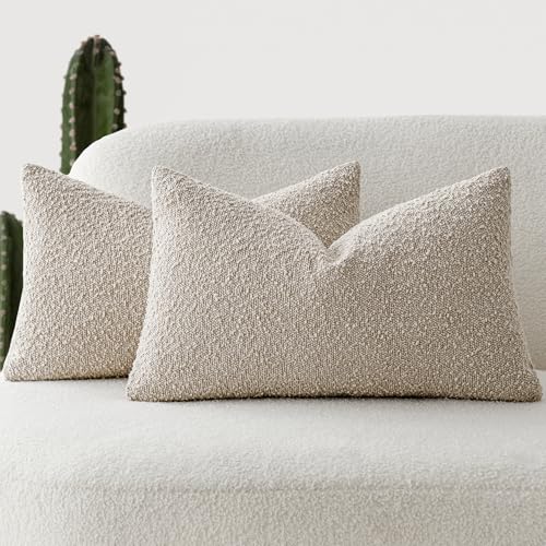 Foindtower Pack of 2 Textured Boucle Throw Pillow Covers Accent Solid Lumbar Pillow Cases Cozy Soft Decorative Couch Cushion Case for Chair Sofa Bedroom Living Room Home Decor, 12 x 20 Inch,Oatmeal - color: Oatmeal, size: 20" x 12" (Pack of 2)