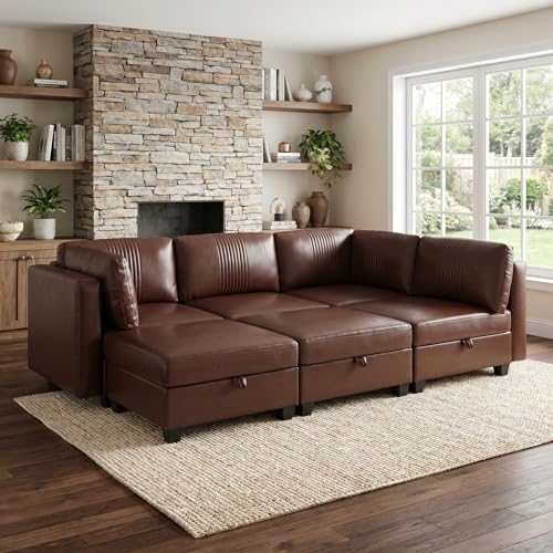ERYE 99-Inch Oversized U Shaped Sectional Sofa 6 Seat Modular Storage Sofa Couch W/Deep Seat,Pet Friendly Faux Leather Upholstered Convertible Sleeper Sectional Couch with Ottomans - color: Dark Brown 99"