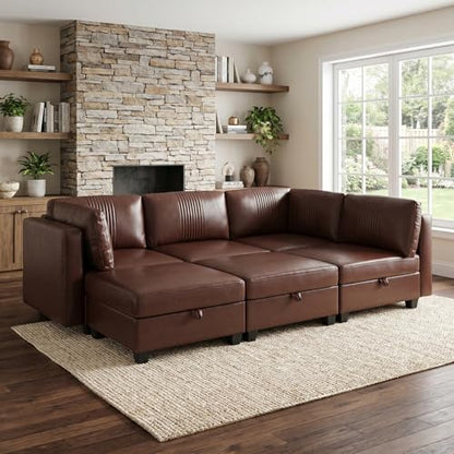 ERYE 99-Inch Oversized U Shaped Sectional Sofa 6 Seat Modular Storage Sofa Couch W/Deep Seat,Pet Friendly Faux Leather Upholstered Convertible Sleeper Sectional Couch with Ottomans - color: Dark Brown 99"