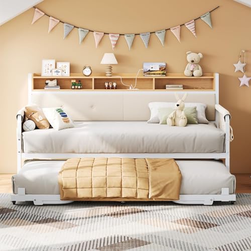 LIKIMIO Daybed with Trundle, Twin Bed Frame,White | with Upholstered Headboard and Charging Station, Sofa Day Bed with Strong Supports for Living Room, Bedroom and Guest Room - color: White