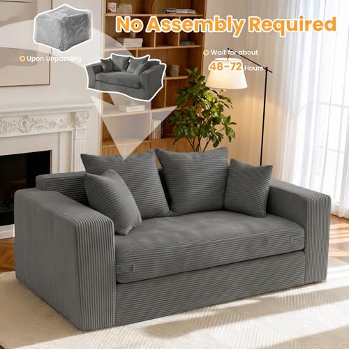 Winzon Boneless Loveseat, 3 in 1 Convertible Sofa Bed Sleeper Sofa Floor Futon Bed with 4 Pillows, 55" Grey Boneless Couch for Living Room, Guest Room, Small Space, No Assembly Required, Corduroy
