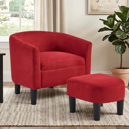 Oversized Accent Chair with Ottoman, 23.2" W Oversized Club Chair with Ottoman Set, Comfy Fabric Barrel Reading Chairs for Living Room Bedroom, Round Reading Chair with Foot Rest, Red - color: Red, size: Large