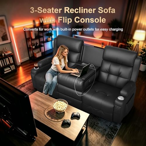 Home Theater Seating, 3 Seat Power Loveseat Recliner Sofa with Heat Massage | Wall Hugger Reclining Loveseat with USB, RV Couch with LED Lights, Flip Backrest, Cup Holders for Movie Theater, Gaming Room - color: Black, size: 78" - 3 Seats