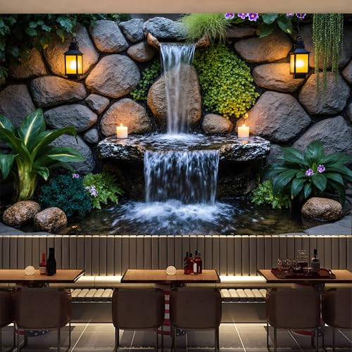 Custom Size Wall Murals, Serene Backyard Water Feature Rustic Stone Wall Lanterns, Self-Adhesive Removable Wall Covering Fabric, Large Photo Wallpaper for Living Room Bedroom Kitchen Office Kids