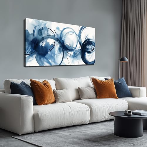 Abstract Circle Canvas Wall Art for Bedroom Blue and White Wall Decor for Dining Room Big Modern Poster Wall Art for Apartment Size 24 x 48 Inch - color: Blue and White, size: 48"L x 24"W