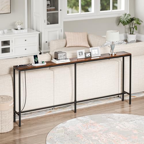 Nouva 70 Inch Narrow Console Table with Outlet, Sofa Table with Charging Station, Behind Couch Table with Metal Frame for Living Room, Rustic Brown