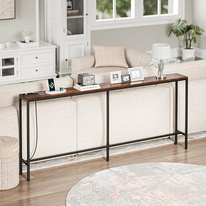Nouva 70 Inch Narrow Console Table with Outlet, Sofa Table with Charging Station, Behind Couch Table with Metal Frame for Living Room, Rustic Brown