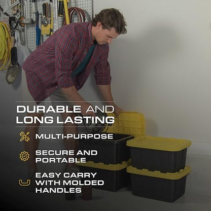 BLACK & YELLOW 5-Gallon Stackable Plastic Storage Bins with Lids, 6 Pack | Small heavy-duty storage totes for garage, closet, classroom & home organization, 8.6H x 12.3W x 16.4D, Black & Yellow