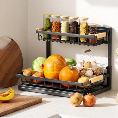 2-Tier Multi-Purpose Bathroom Under Sink Organizers and Storage, Black Adjustable Rack with Wooden Handles for Stackable Kitchen Pantry Organization