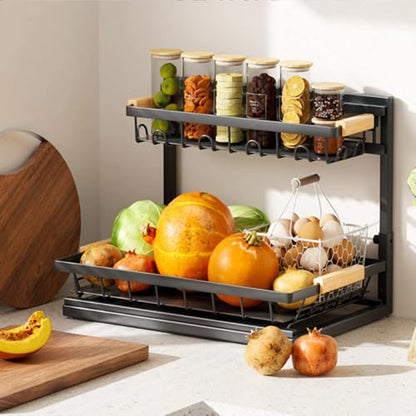 2-Tier Multi-Purpose Bathroom Under Sink Organizers and Storage, Black Adjustable Rack with Wooden Handles for Stackable Kitchen Pantry Organization