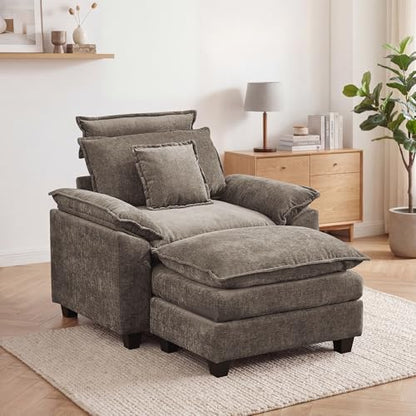 46'' Oversized Chaise Lounge with Ottoman, Cloud Deep Seat Accent Sofa Chair with Detachable Headrest, Double Thicked Cushion Lounge Armchair for Living Room, Bedroom, Brown - color: Brown, size: Chaise Lounge Chair