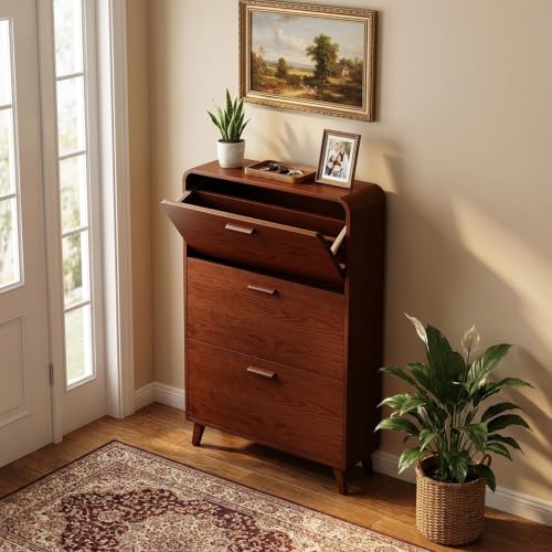 3 Tier Slim Shoe Cabinet with Flip Drawers, Entryway Shoe Storage | Store 18-24 pairs of shoes with flip drawers and adjustable shelves for narrow entryways, apartments and small spaces.