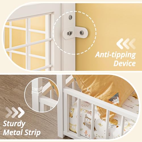 IRONCK Twin Floor Bed Frame with Fence Guardrails and Roof, White | Metal House Bed with Hanging Mesh, No Box Spring Needed, Easy Assembly, Anti-tipping Device - color: White