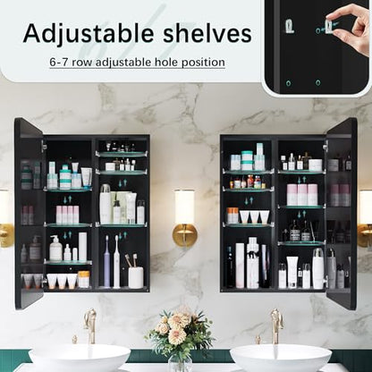 24 x 30 Black Medicine Cabinet Mirror, Recessed or Surface Mount | Bathroom mirror with storage: 6 adjustable shelves fit tall bottles; DTC soft-close hinges; rust-resistant aluminum - size: 24" x 30"