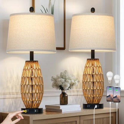 CINSARY 27" Rattan Table Lamps Set of 2, Boho Bedside Lamp for Bedroom with Night Light, Coastal Woven Wicker Nightstand Lamps with USB A+C Charging Port, Tall Farmhouse Living Room Lamp - color: Rattan