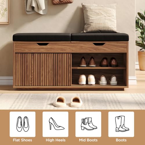 Maupvit 39.4" Fluted Shoe Storage Bench with Lift Top Storage, Entryway Bench with Cushioned Seat, 2-Tier Shoe Cabinet with Sliding Door and Adjustable Shelf for Bedroom, Living Room, Walnut