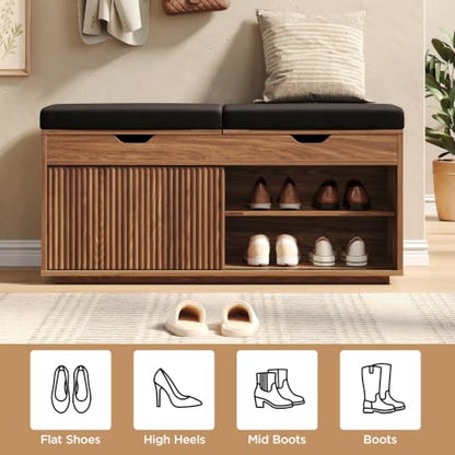 Maupvit 39.4" Fluted Shoe Storage Bench with Lift Top Storage, Entryway Bench with Cushioned Seat, 2-Tier Shoe Cabinet with Sliding Door and Adjustable Shelf for Bedroom, Living Room, Walnut