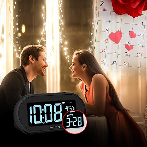 DreamSky Alarm Clocks for Bedrooms, Auto Set Digital Clock with Date & Temp | Electric Desk Clock with Dimmable Brightness Dimmer for Bedside Nightstand, Auto DST, USB Port, Temperature, Snooze - color: Black