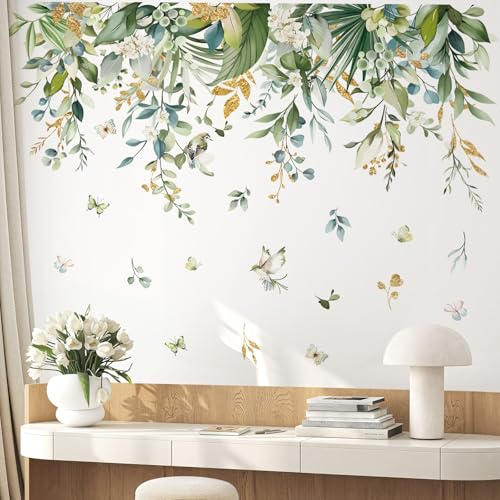 wondever Hanging Green Leaves Wall Decals Tropical Plants Wall Stickers | Peel and Stick, Removable, Wall Art Decals, Wall Decoration, Living Room Bedroom, Office Sofa TV Home Wall Decor - style: Flower Leaves