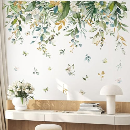 wondever Hanging Green Leaves Wall Decals Tropical Plants Wall Stickers | Peel and Stick, Removable, Wall Art Decals, Wall Decoration, Living Room Bedroom, Office Sofa TV Home Wall Decor - style: Flower Leaves