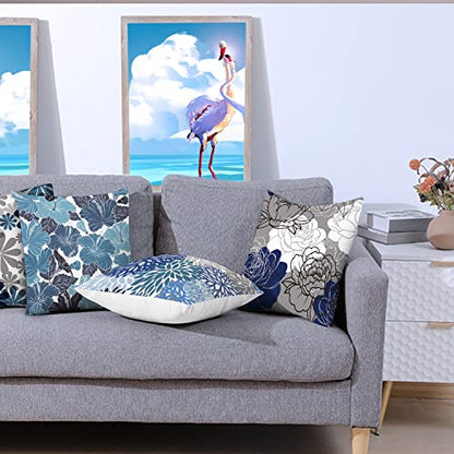 COMMINY Blue Grey Pillow Covers 16x16 Set of 6 Decorative Daisy Flower Throw Pillow Cover for Couch Modern Farmhouse Cushion Pillow Case for Living Room Patio Home Decor | spring floral, wild flower bloom, decorative cushion cover, Breathable Linen, Accen