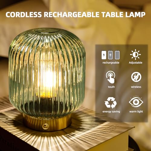 MJ PREMIER Rechargeable Table Lamp,Cordless Lamp with Memory Function,Green | Small Glass LED Lamp with Dimmable Brightness, Decorative Touch Lamps for Bedroom Living Room