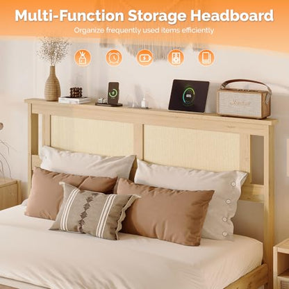 VINGLI Boho Queen Bed Frame with Rattan Headboard, Wooden Platform Bedframe with Charging Station and Underbed Storage for Bedroom,Solid Wooden Slats Surpport, Noise Free,Natural - size: Queen