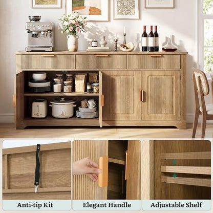 YITAHOME 59" Buffet Cabinet Fluted Sideboard Coffee Bar Natural Oak | Kitchen Storage Cabinet Adjustable Shelves & Drawers, Mid Century Modern Credenza for Kitchen, Living Room