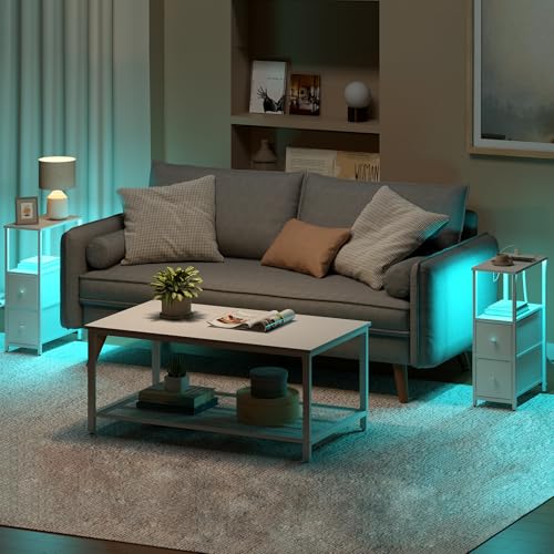 TUTOTAK Narrow LED End Table with Charging Station, Skinny Side Table | Bedside Table with Outlets, Nightstand with 2 Cloth Drawers, Couch Table for Living Room, Bedroom, White TB01BW056 - color: White, style: 2 Drawers with Plug & Light