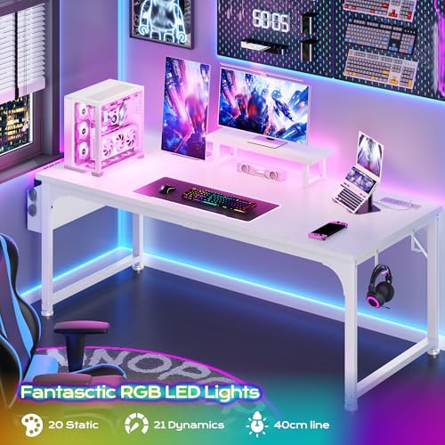 DurayLoly 55 x 24 inch Desk, 24mm Thick Heavy Duty Computer Desk with RGB LED & Power Outlets, Gaming Desk with Detachable Stand, Hooks & Storage Bag, 150LBS Load Capacity, White - color: White, size: 55 Inch