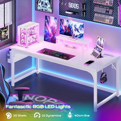 DurayLoly 55 x 24 inch Desk, 24mm Thick Heavy Duty Computer Desk with RGB LED & Power Outlets, Gaming Desk with Detachable Stand, Hooks & Storage Bag, 150LBS Load Capacity, White - color: White, size: 55 Inch