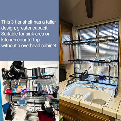 ADBIU Over The Sink Dish Drying Rack (Expandable Height and Length) Snap-On Design 2 Tier Large Dish Rack 31-39.4L x 12W x 34-38H inches - color: Black, size: 31 - 39.4L x 12W x 34 - 38H (inches)